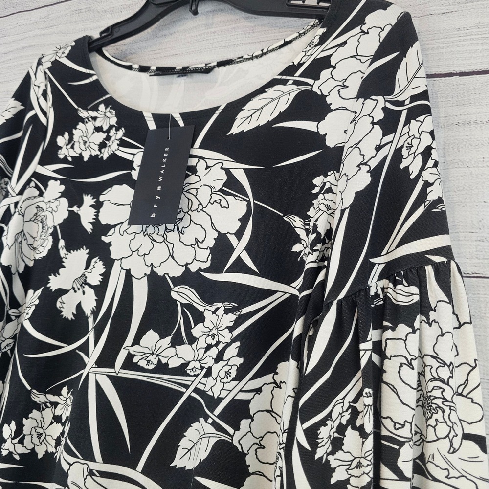 bryn WALKER L Large Lantern Long Sleeve Dress Black & White Floral NWT $210 L803
